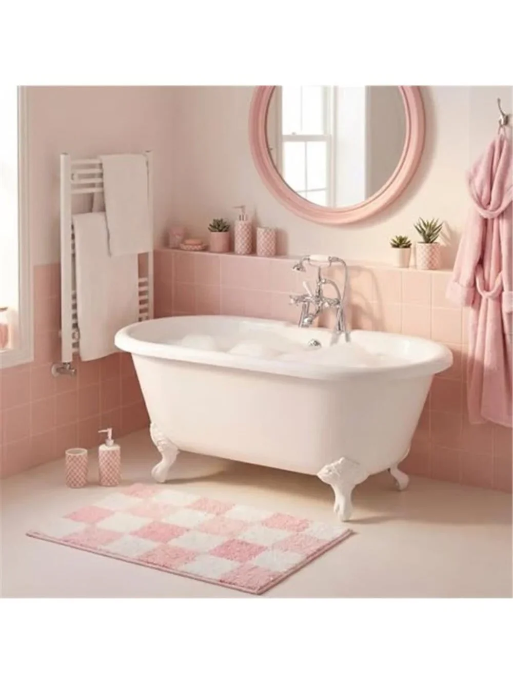 Pink Checkered Bath Mat Non Slip Rug Soft Absorbent Microfiber Bathroom 24x16